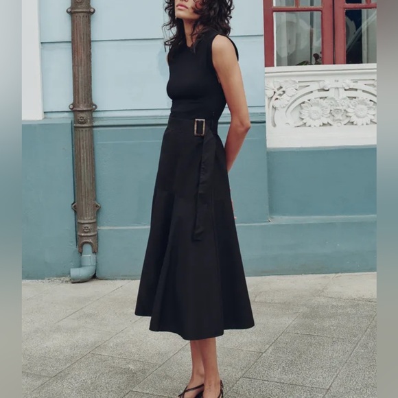 Nwt- zara- belted contrast midi dress -M - Picture 2 of 6